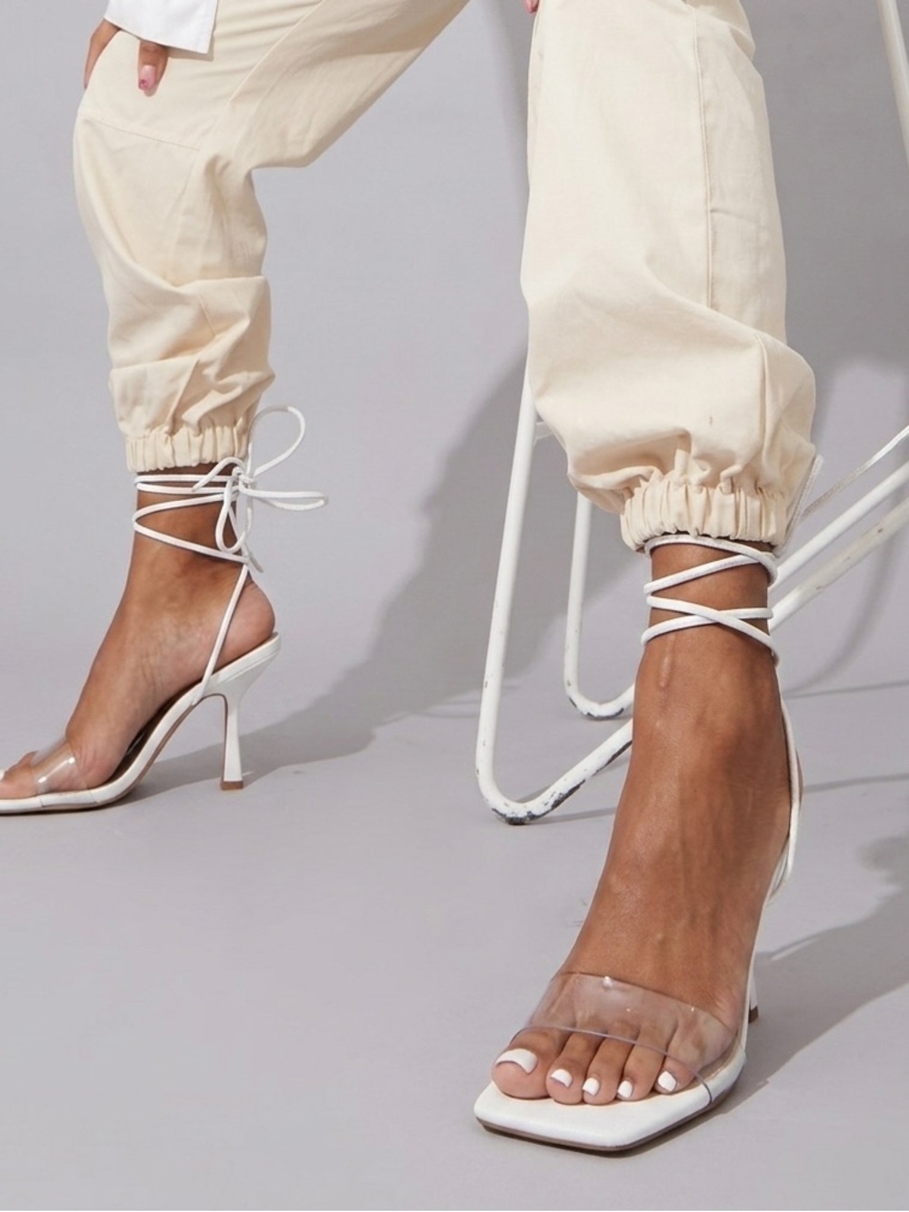 PrettyLittleThing White Lace-Up Clear Strap Square Toe Stiletto Heels - Size 8